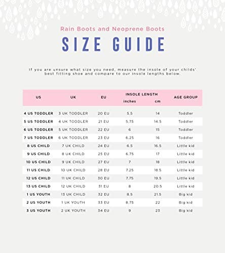Size equivalence chart for kid rain boots