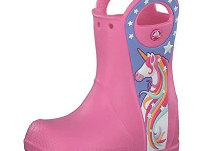 Bottes de pluie roses avec tête de licorne pour fille girly avec poignées Crocs avec bout renforcé