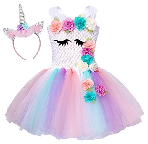 Rainbow unicorn dress with flower scarf
