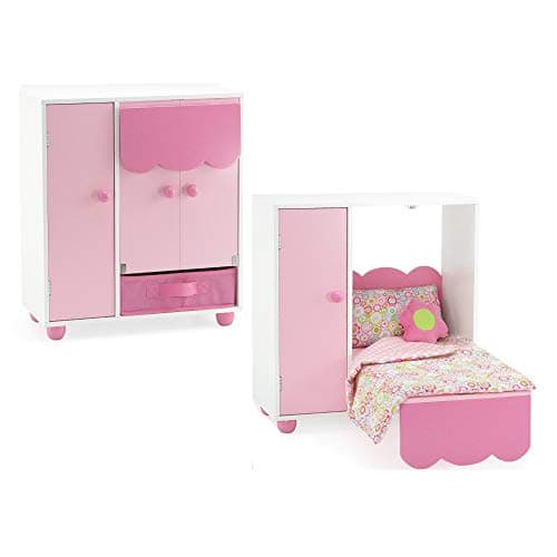 Emily Rose doll cabinet with made of pink and white wood, with bed