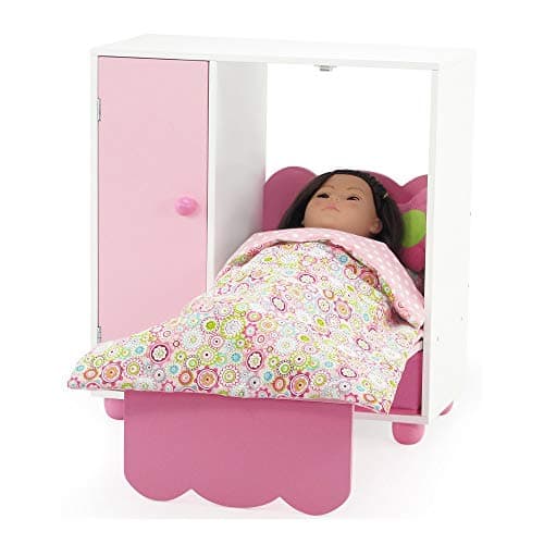 Emily Rose doll cabinet with made of pink and white wood, with bed