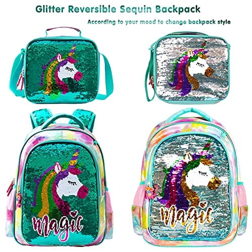 Girl's school backpack with reversible sequin unicorn head