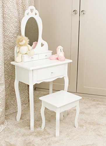 High quality white wood dressing table with mirror and stool for girl's room