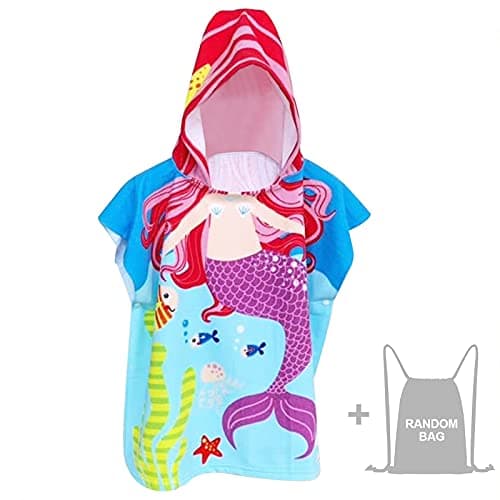 Mermaid poncho towel for little girl in turquoise cotton