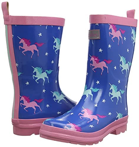 Pink and blue rain boots with unicorn print for girly girls by Hatley