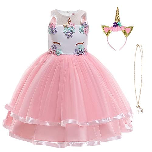 Pink unicorn dress with flowery unicorn headband and necklace