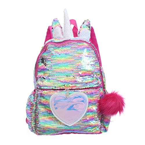 Rainbow unicorn backpack with horn, ears and pompom, for girls