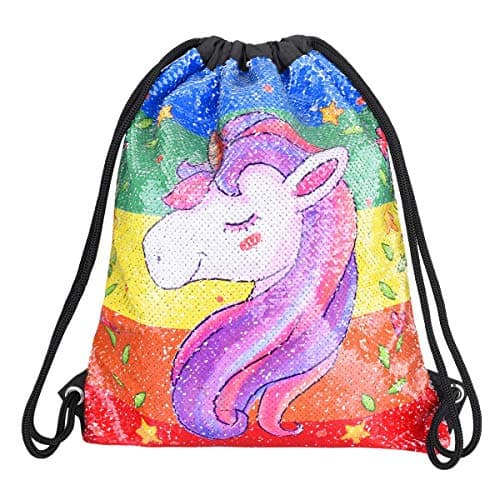 Iridescent string sports or pool bag with unicorn sequins