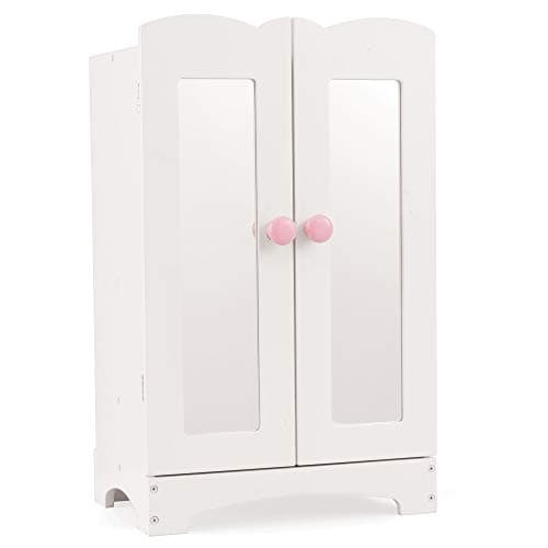 Solid white doll's clothing wardrobe with hangers and mirror Kidkraft