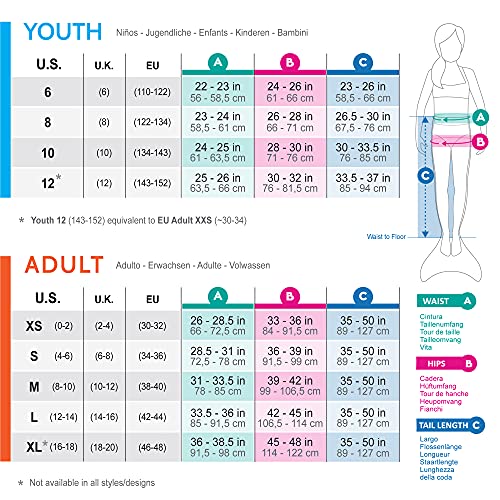 Example of size chart mermaid swimming tail for girl or adult