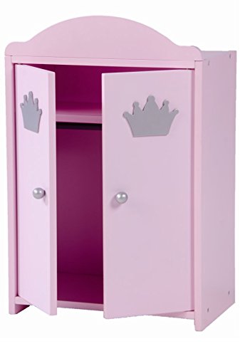 Solid pink lacquered wood doll's clothes wardrobe with hanging space and shelves