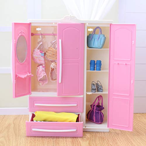 Armoire rose 3 portes pour vêtements de poupée style Barbie en plastique