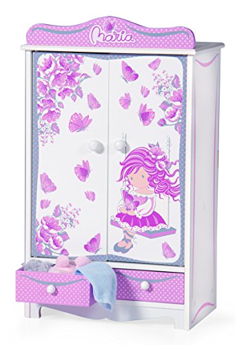 Purple and white wooden wardrobe for doll clothes 54 cm high with butterflies and girl