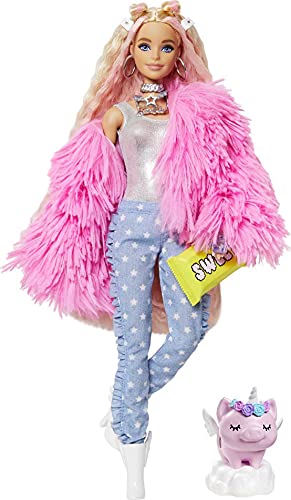 Barbie extra Doll in pink fluffy coat with unicorn pig toy
