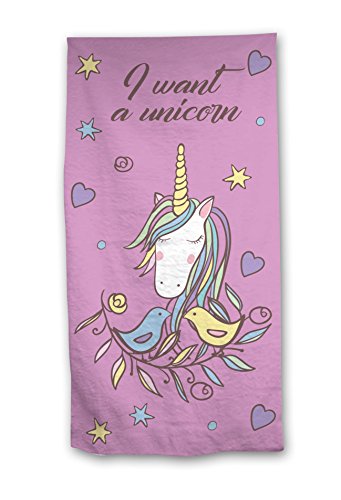 Large unicorn beach towel for little girl in purple cotton