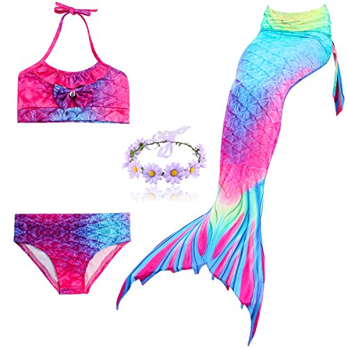 Bikini set, hair flowers and rainbow mermaid tail