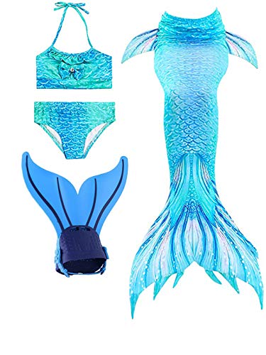 Blue ruffled bikini swimsuit set with iridescent mermaid tail for girl sold with monofin