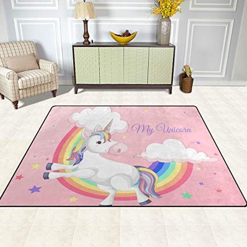 Pink carpet with childish unicorn for girl's bedroom XXL