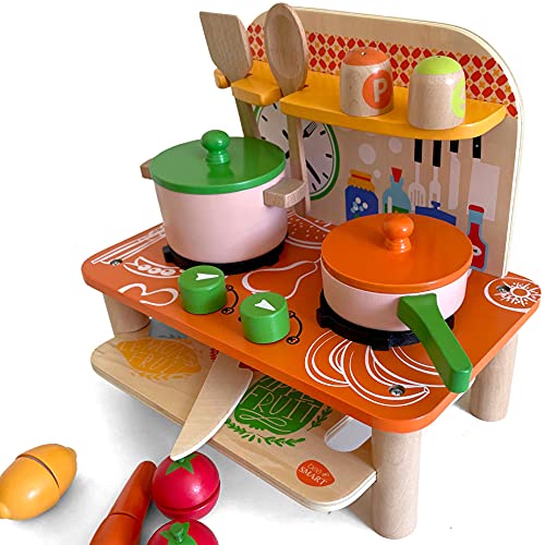 Bee Smart kitchen toddler playset made of wood with food set and accessories for pretend play