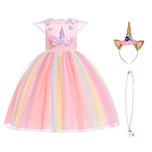 Girl's Rainbow Unicorn dress set with Pendant and Necklace