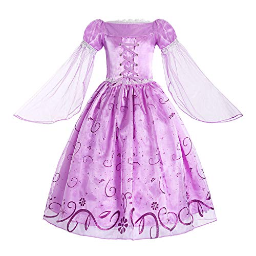 Rapunzel purple satin princess dress with flared sleeves