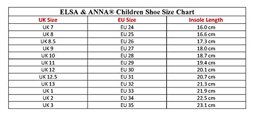 Elsa and Anna size chart for sparkle shoes with low heels for girls