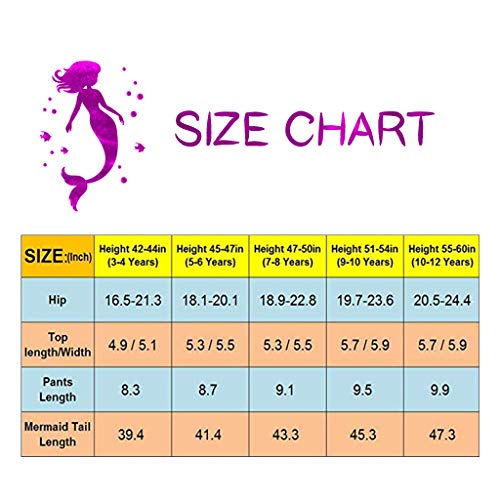 Example of size chart mermaid swimming tail for girl 