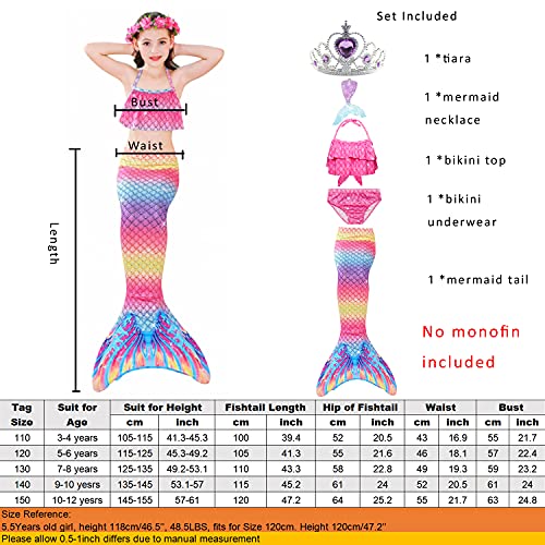Example of size chart mermaid swimming tail for girl 