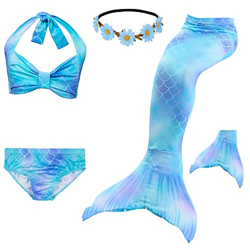 Girl's blue mermaid tail and swimsuit set with flower necklace