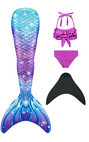 Girl's purple bikini swimsuit set with shiny mermaid tail 