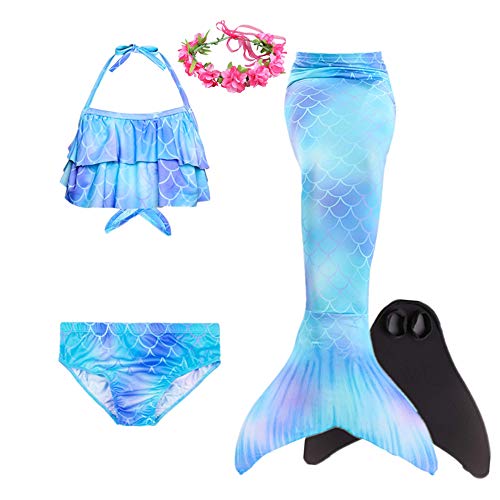 Girl's rainbow blue mermaid tail swimsuit with monofin