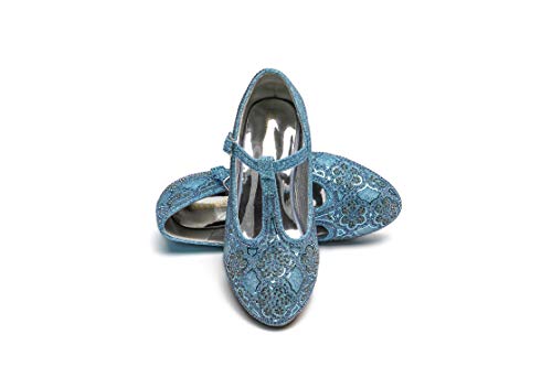 Girls Mary Jane glitter blue shoes with low heel perfect for princess parties designed by Elsa and Anna