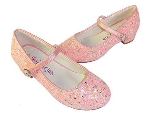 Girls Mary Jane glitter shoes with low heel perfect for princess parties in light pastel pink peach