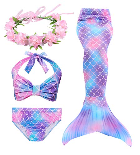 Girl's rainbow pink mermaid tail and swimsuit set with flower necklace