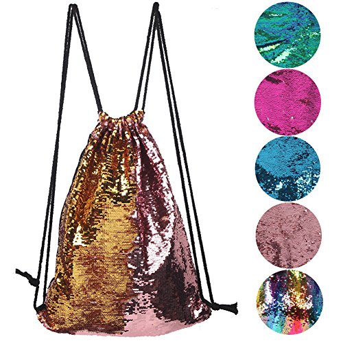 Girly drawstring sports or swim bag with reversible pink and gold sequins
