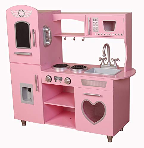 Pink wooden girl's kitchen with a girly pink look with plenty of appliances