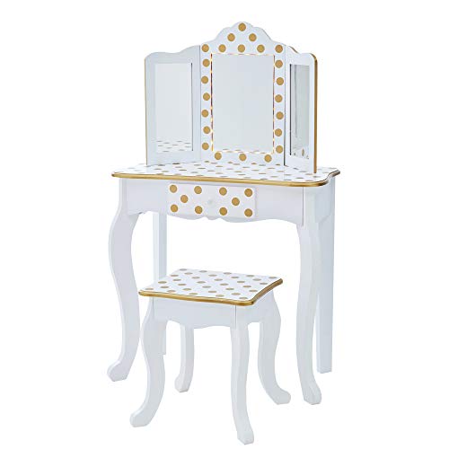 Baroque dressing table with triple mirror, white and gold for girl's room