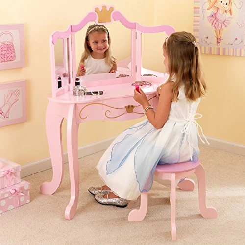 High quality Kidcraft rosewood dressing table with durable plastic mirror and princess stool for girls' bedroom.