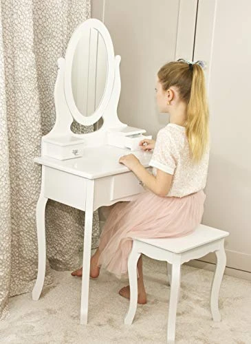 High quality white wood dressing table with mirror and stool for girl's room