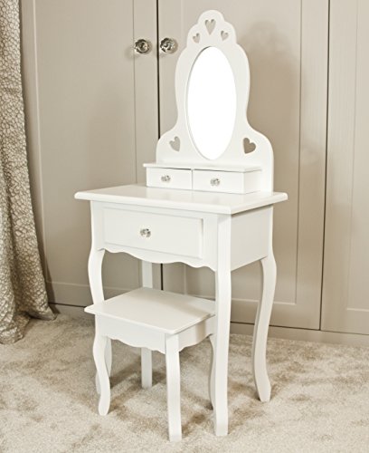 Romantic dressing table in high quality white wood supplied with mirror and stool for girl's bedroom.