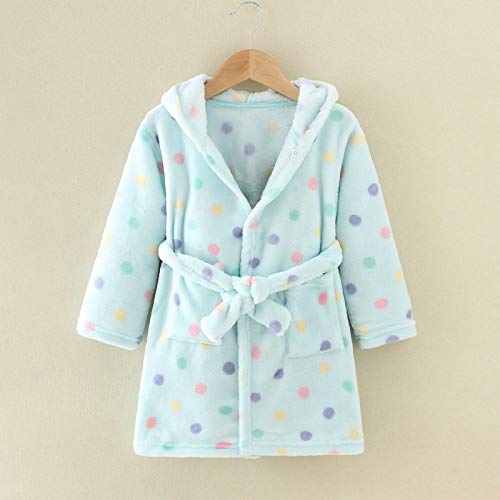 Hooded bathrobe for girls with multicoloured polka dots in blue