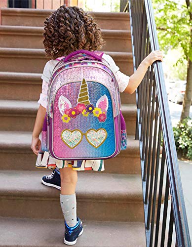 Large pink unicorn school backpack with sequins, ears and hearts, for girl 