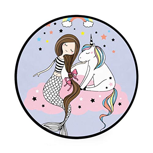 Roundand fashionable carpet for a girl bedroom with a mermaid, a unicorn and a rainbow