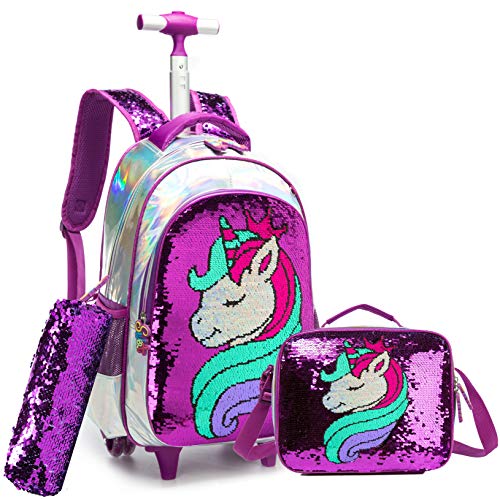 Large purple unicorn backpack with wheels and reversible sequins
