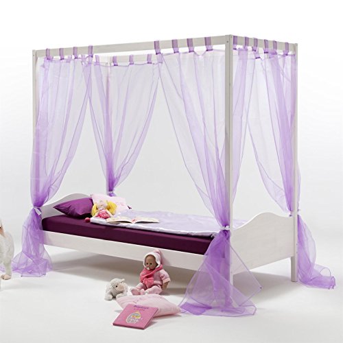 Lit de princesse baldaquin pour fille avec voilage mauve en bois blanc