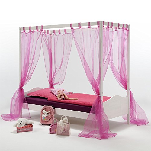 Princess canopy bed for girl with fuchsia canopy in white wood