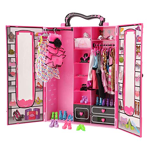 Dressing rose fushia girly portable pour vêtements de poupée style Barbie Fashionista avec portes transparentes