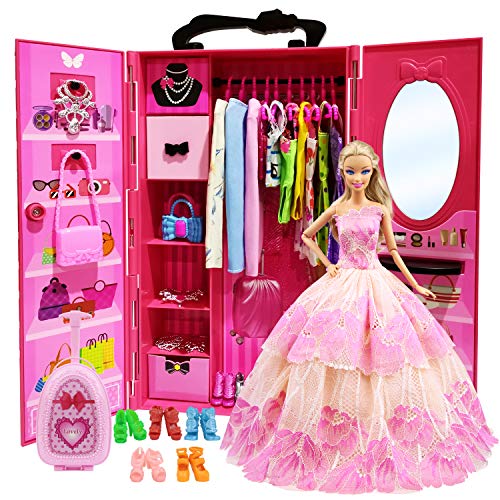 Pink fushia dresser Zita portable with Barbie style doll clothes with transparent doors