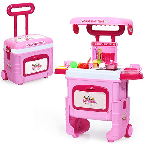 Mini transportable fordable pink plastic kitchen set with accessories