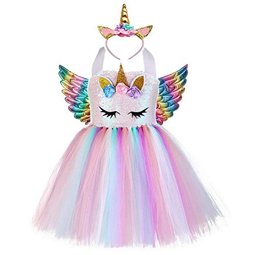 Multicoloured long unicorn dress with angle wings